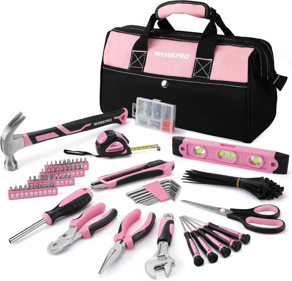 WORKPRO pink tool kit with wide-mouth bag for quick, organized home repairs