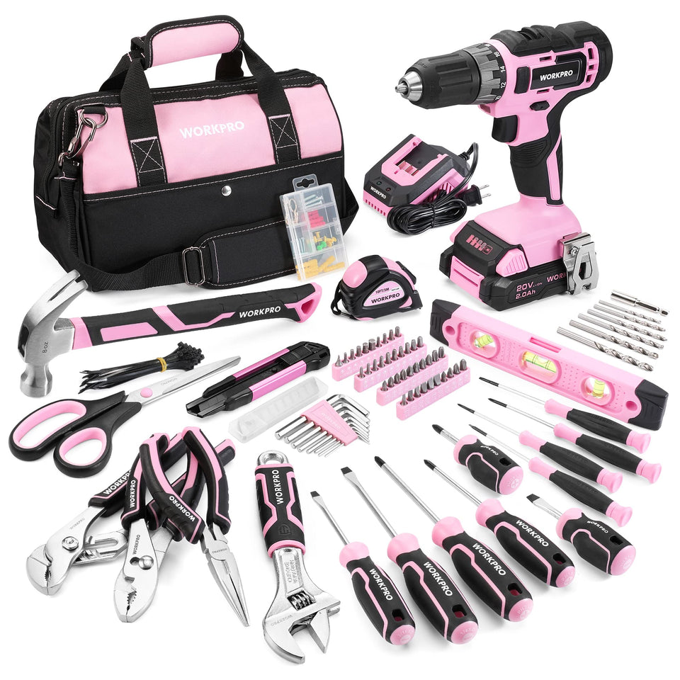 WORKPRO pink tool kit with drill bundle for quick home repairs