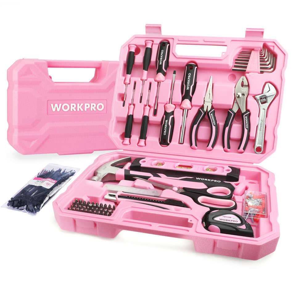 WORKPRO pink tool set case organized for easy access during home repairs