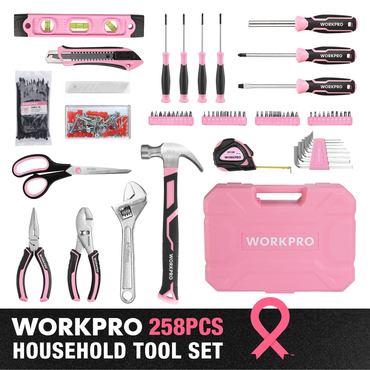 WORKPRO 258-piece kit with hammer emphasizes ergonomic grip for comfort