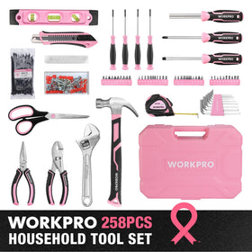 WORKPRO 258-piece kit with hammer emphasizes ergonomic grip for comfort