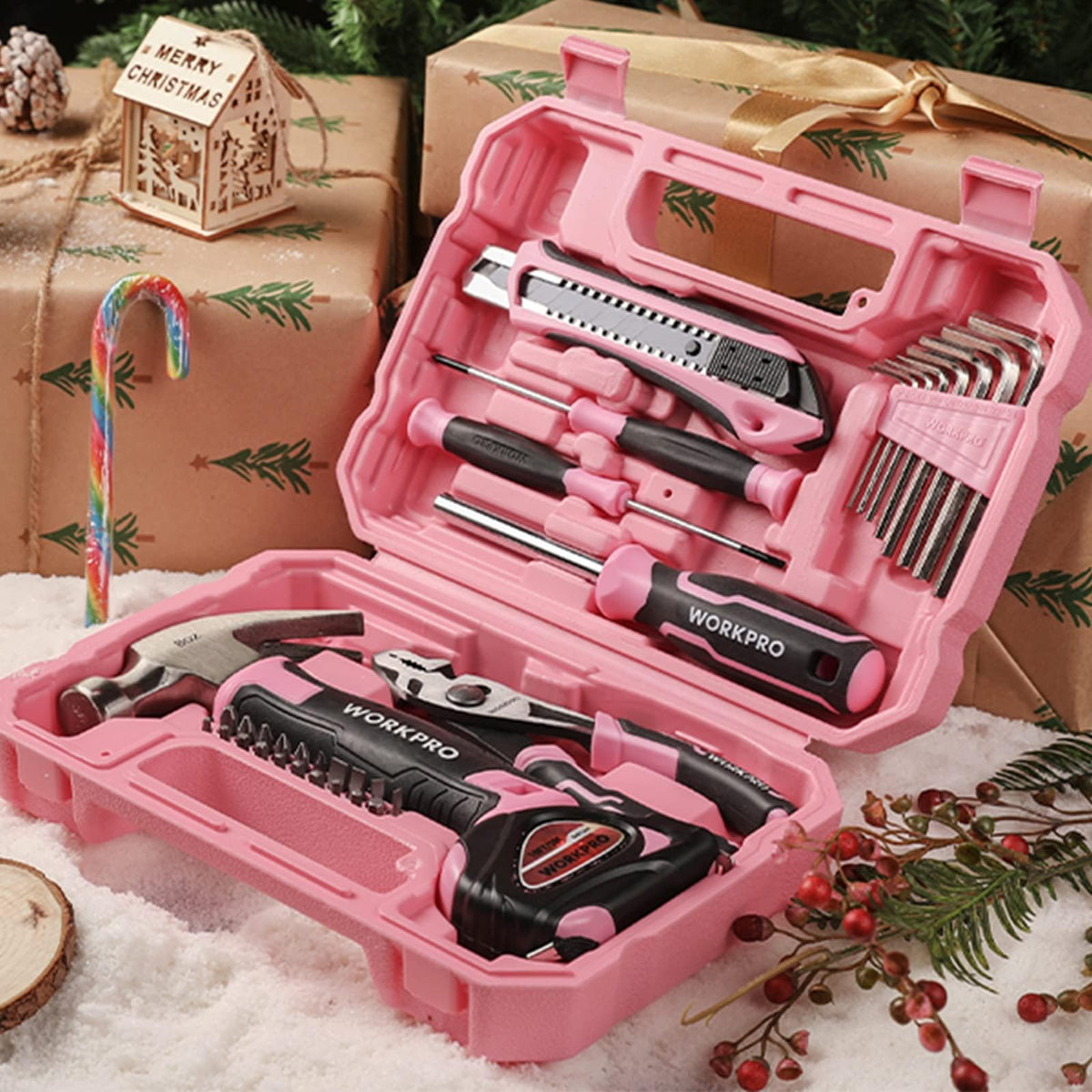 WORKPRO pink toolbox open showing organized storage