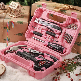 WORKPRO pink toolbox open showing organized storage