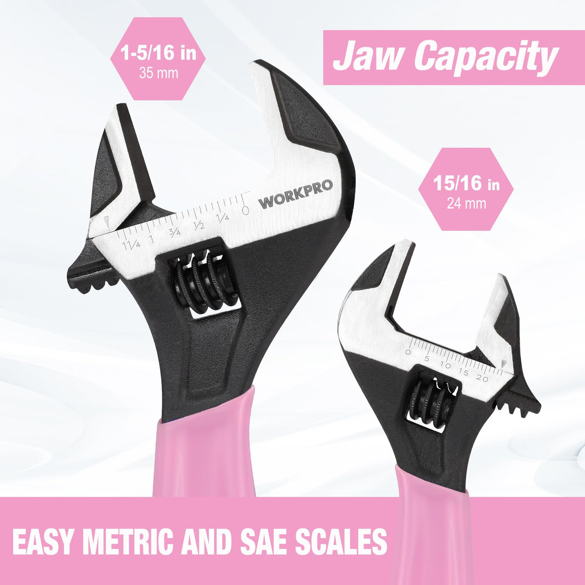 WORKPRO pink wrench shows metric and SAE scales for precise sizing