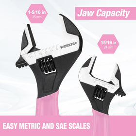 WORKPRO pink wrench shows metric and SAE scales for precise sizing