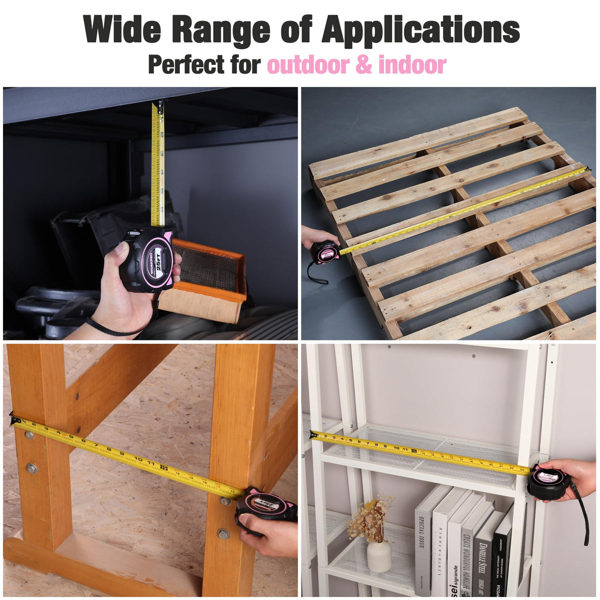 WORKPRO Pink tape with high-contrast yellow markings for easy reading.