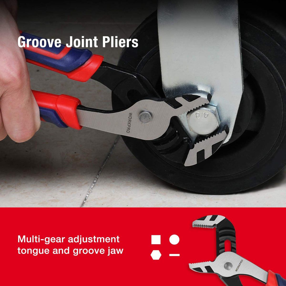 Close-up of WORKPRO CR-V steel pliers highlighting heat-treated hardness