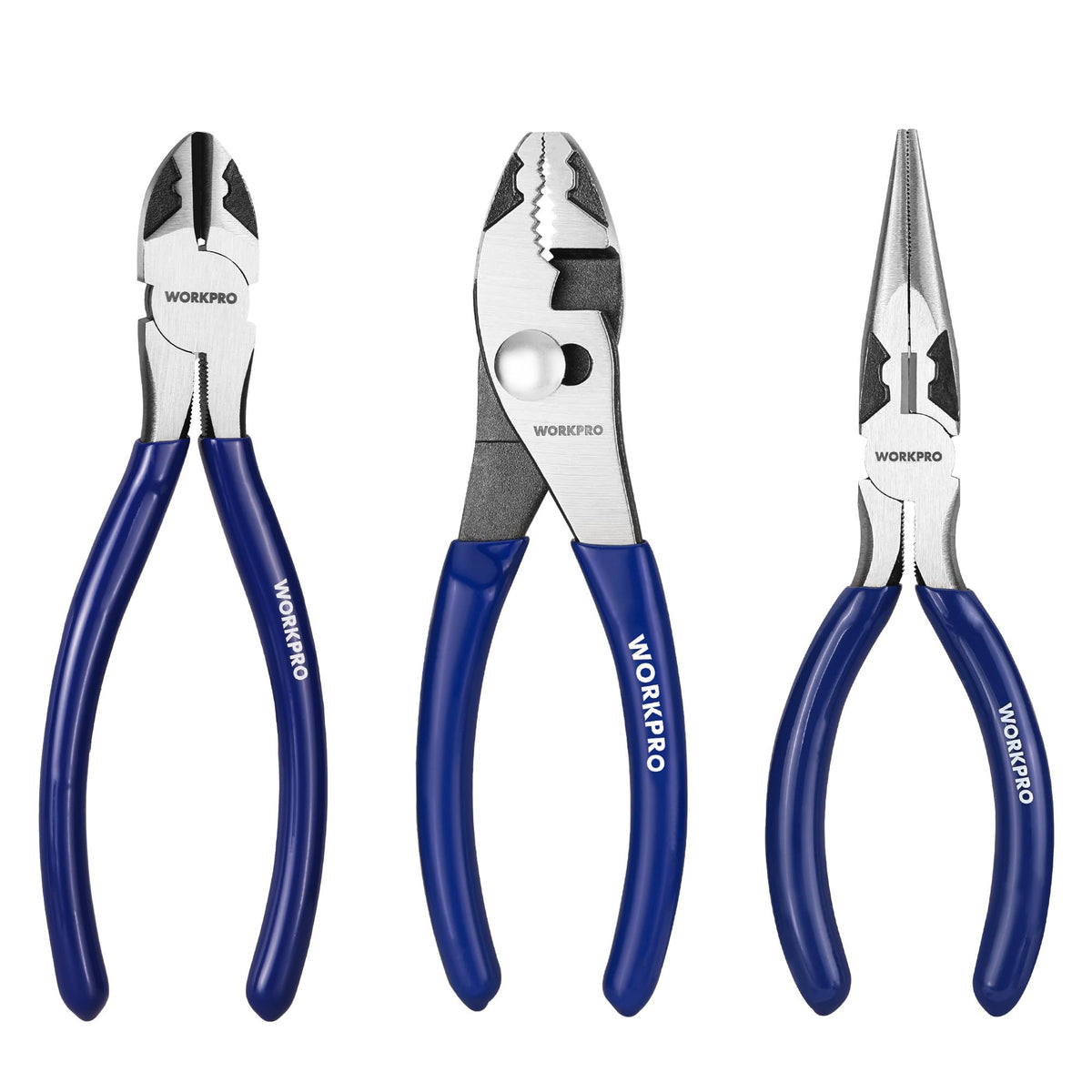 WORKPRO 3-piece pliers needle-nose close-up for precise gripping in tight spaces.