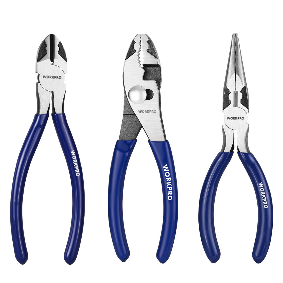 WORKPRO 3-piece pliers needle-nose close-up for precise gripping in tight spaces.