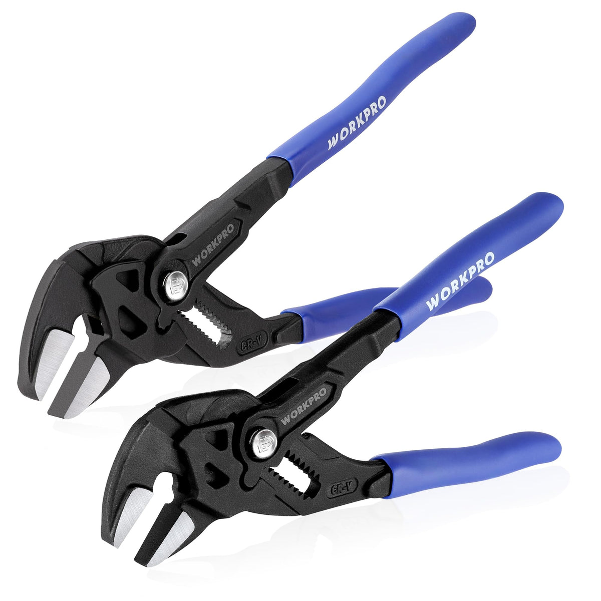 WORKPRO pliers wrench set with 7 and 10 inch jaws for versatile fastener access.