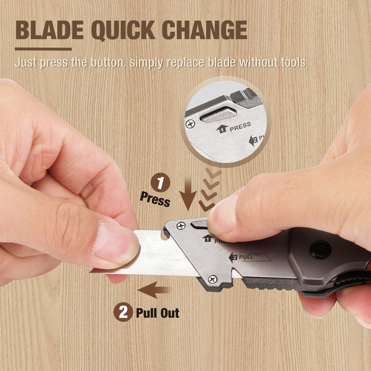 WORKPRO belt clip keeps knife secure on belt or bag for easy carry.