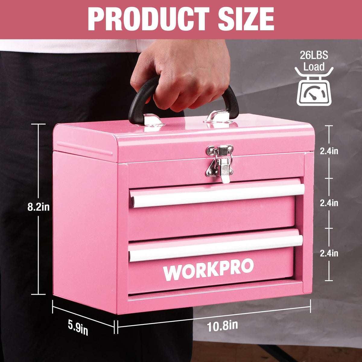 WORKPRO tool box with two drawers and ball-bearing slides for smooth tool retrieval.
