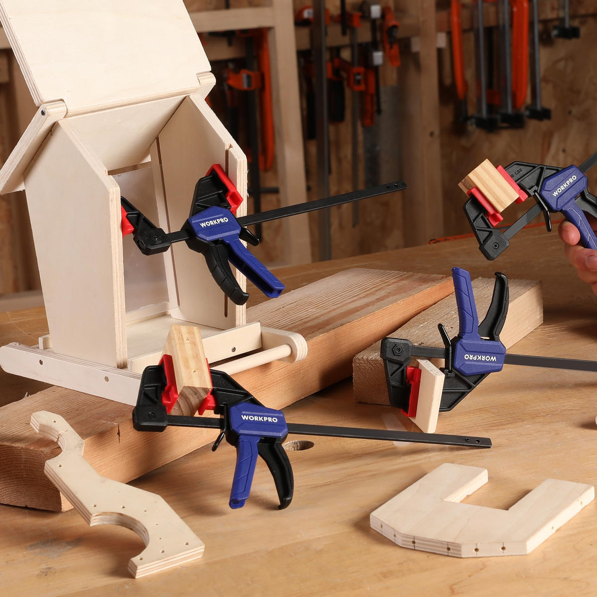 WORKPRO clamp in use keeps boards aligned during assembly.