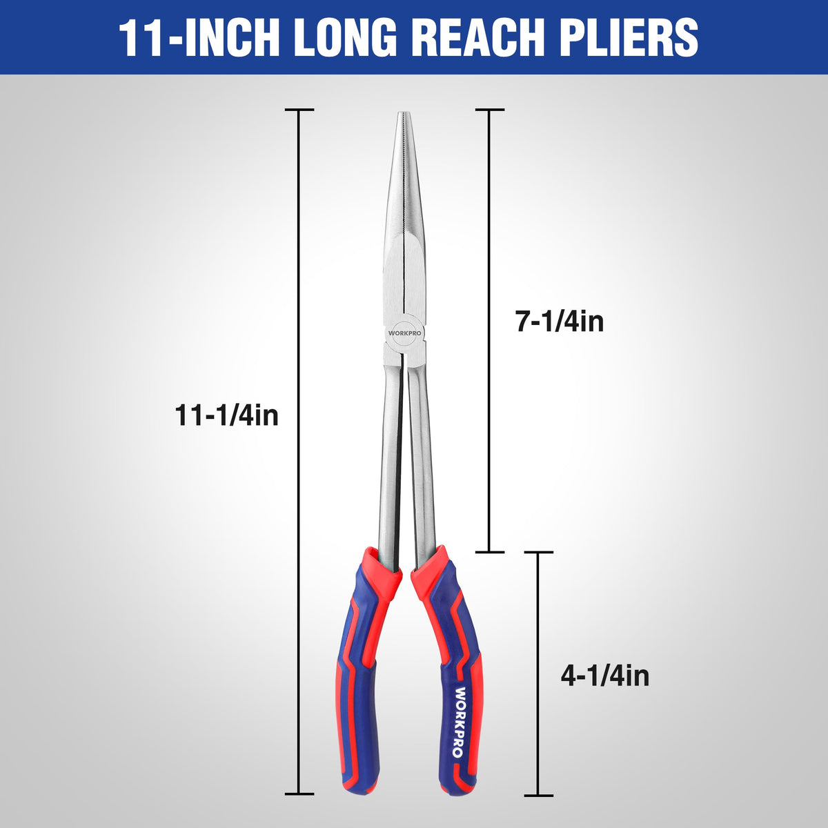 WORKPRO Premium 11-inch needle nose pliers close-up shows durable CRV steel
