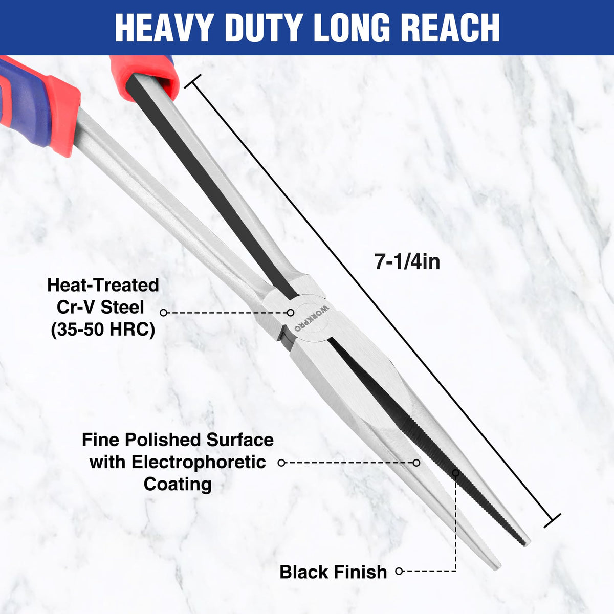 WORKPRO Premium 11-inch needle nose pliers with soft grip for fatigue-free use