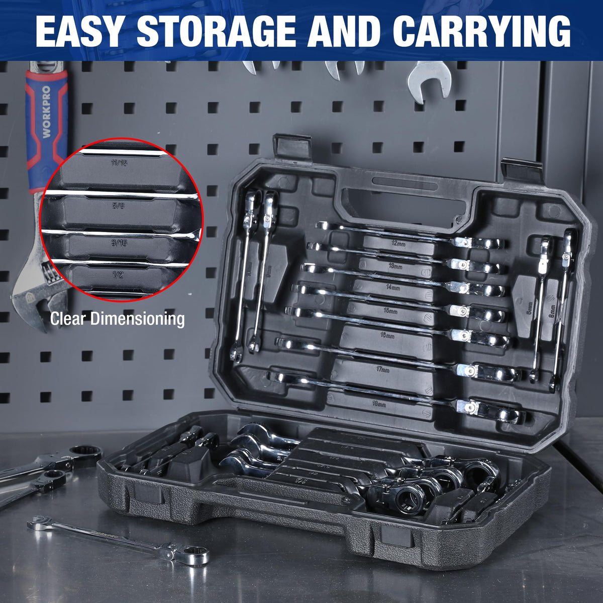 WORKPRO premium carrying case keeps wrenches organized and portable.