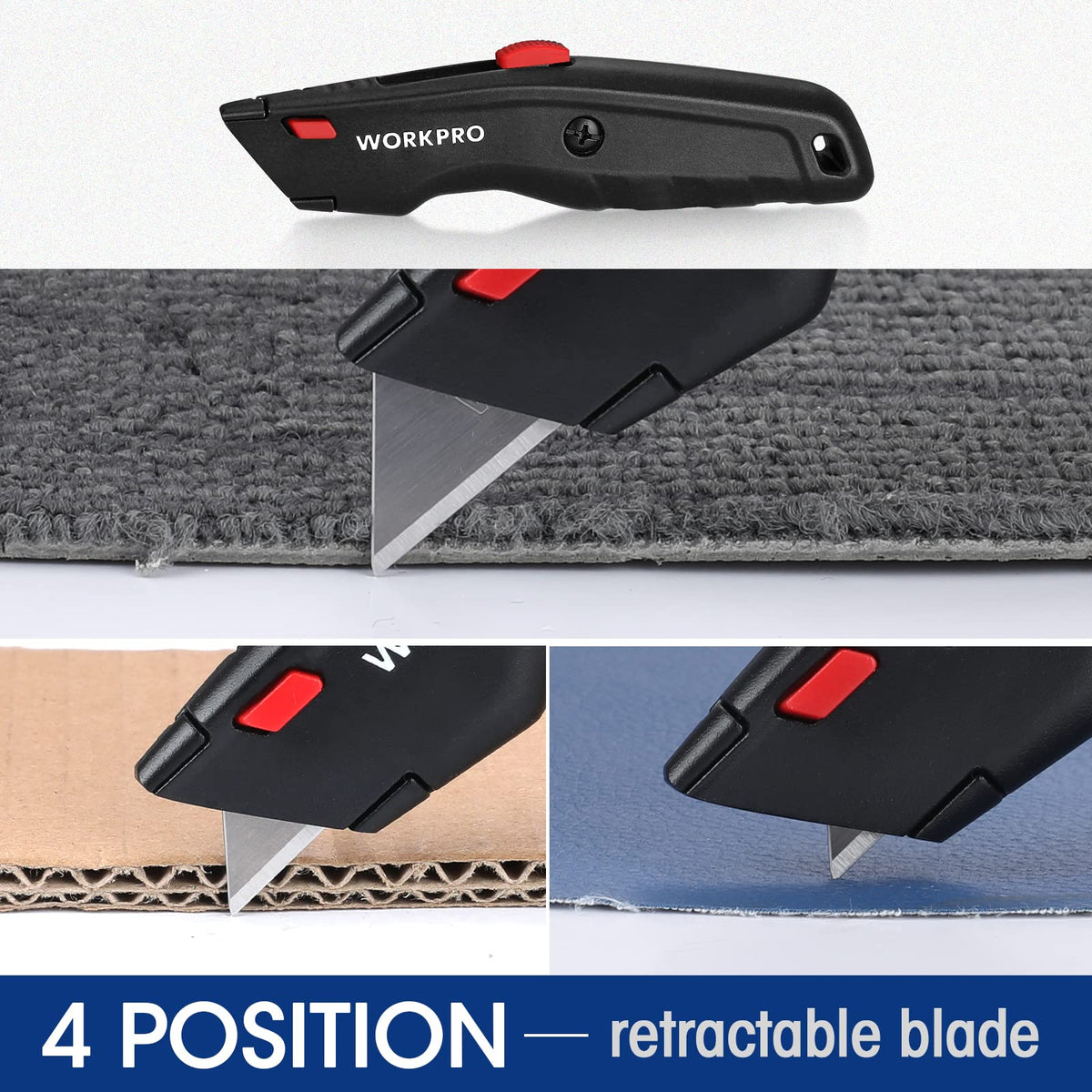 WorkPro Premium Utility Knife ergonomic handle provides comfortable grip and control