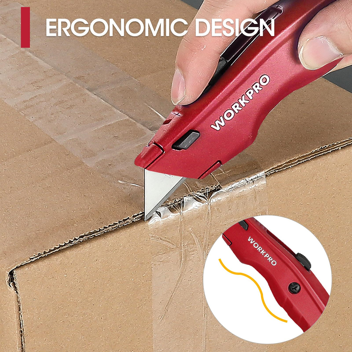 WORKPRO Premium Utility Knife cutting cardboard smoothly