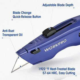 WorkPro Premium Utility Knife retractable blade enables safe, precise cuts