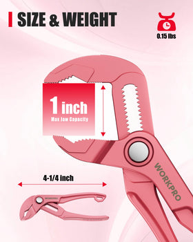 WORKPRO push-lock 15-position adjustment for quick, secure jaw sizing.
