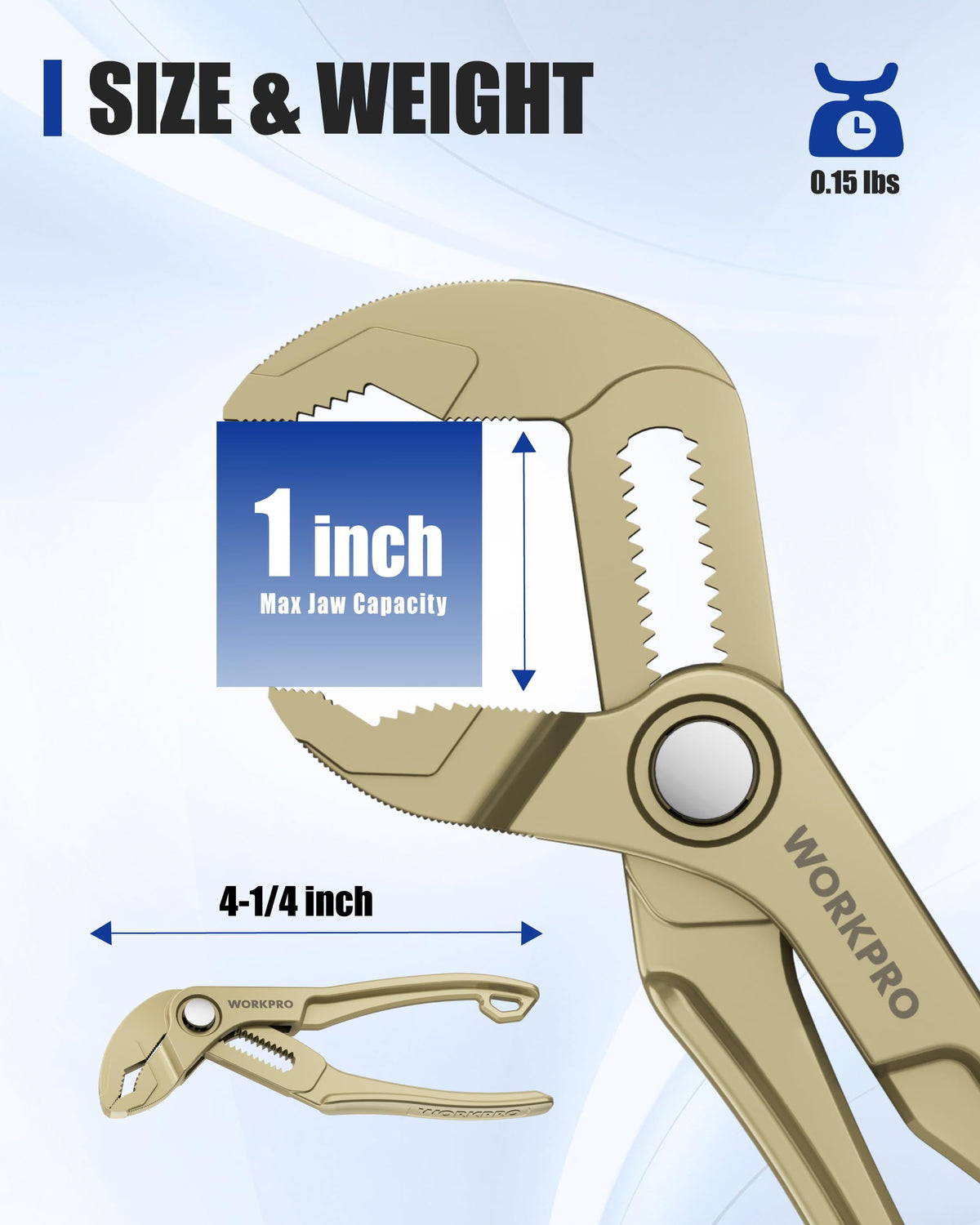 WORKPRO Push-Lock 15-position adjustment enabling quick size changes.