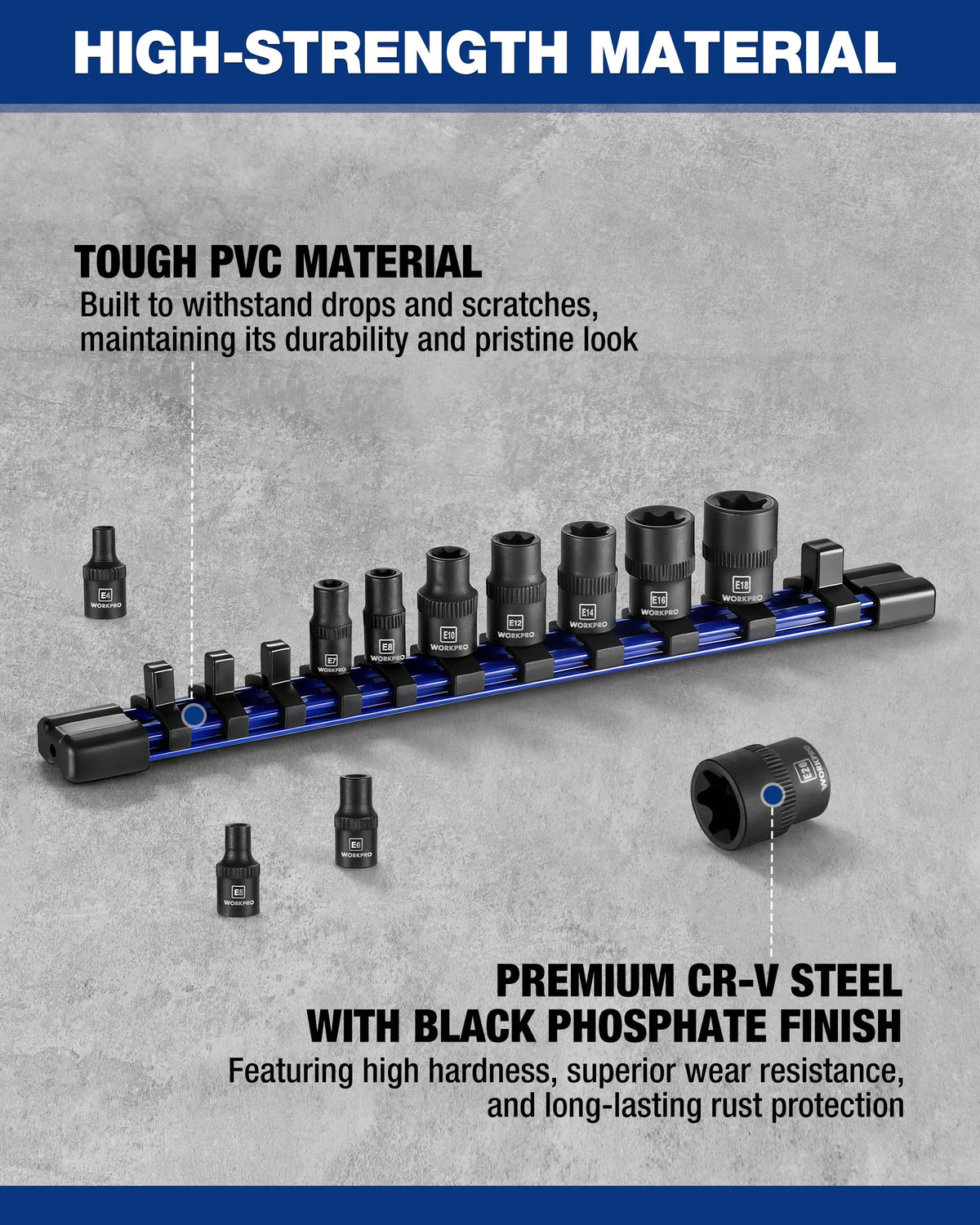 WORKPRO PVC socket organizer rail keeping tools tidy and protected from drops
