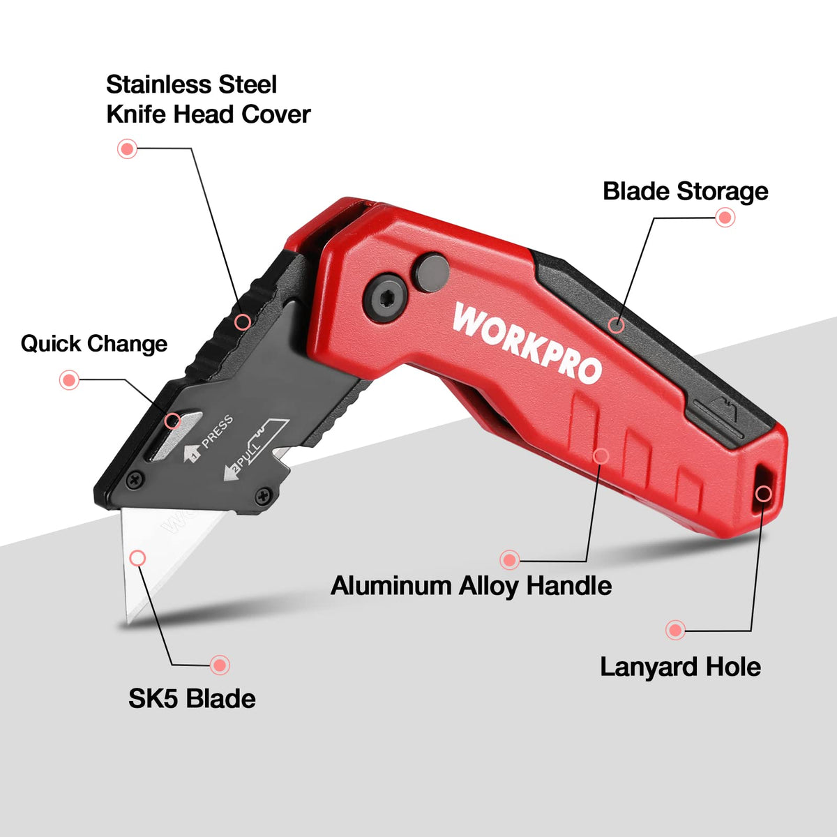 WORKPRO quick blade change button enables tool-free blade replacement