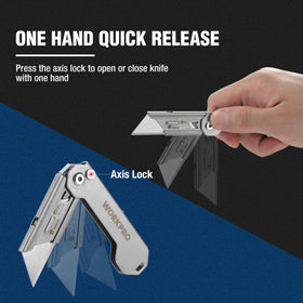 WORKPRO quick-change blade mechanism demonstrates simple blade swaps without tools.