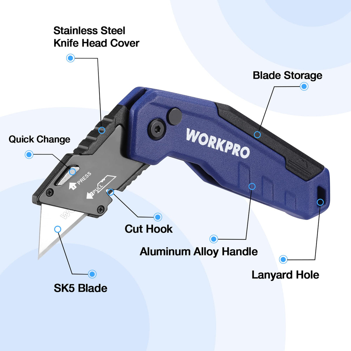WORKPRO quick change button demonstrates fast tool-free blade swaps.