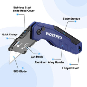 WORKPRO quick change button demonstrates fast tool-free blade swaps.