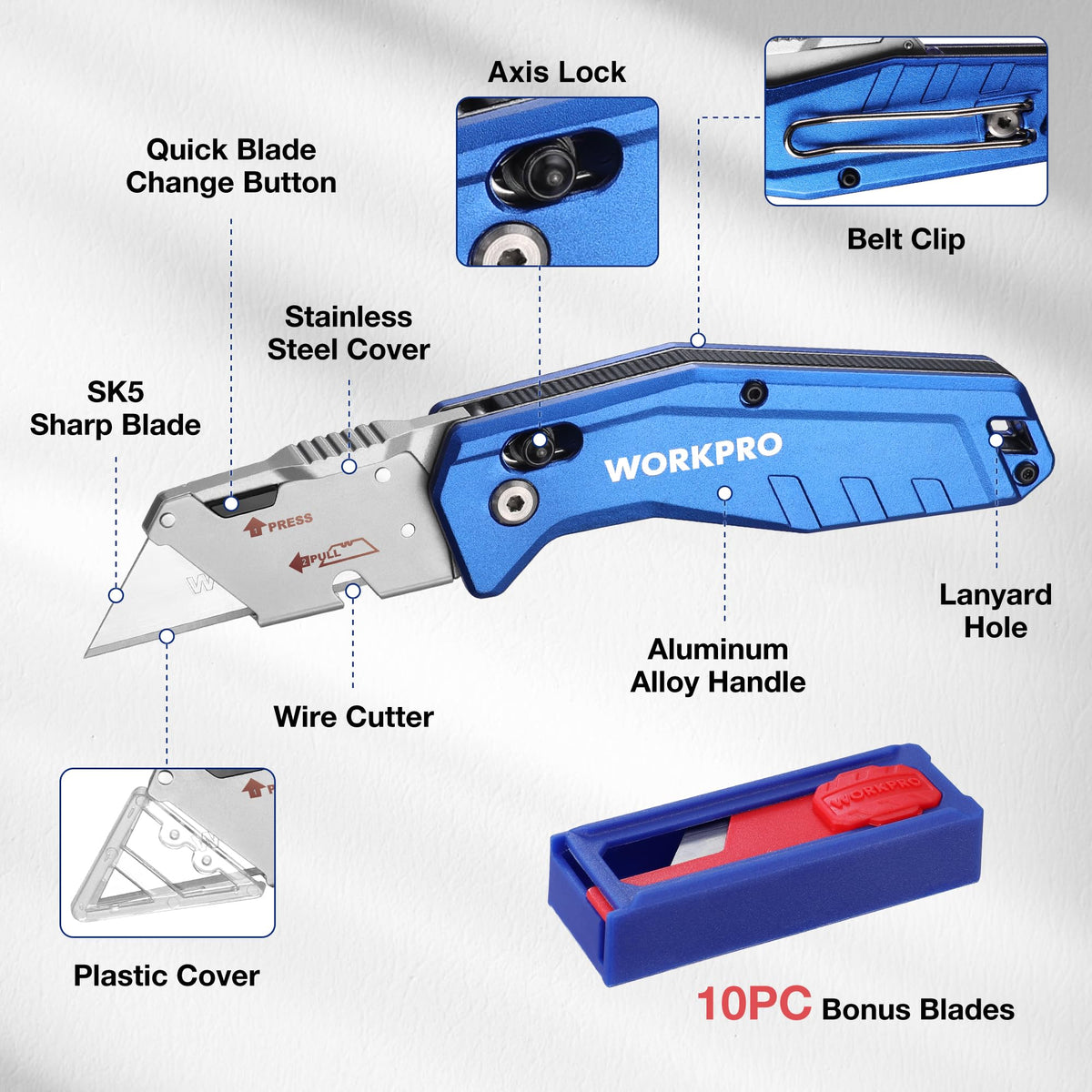 WORKPRO quick open lock in action enabling fast blade access.