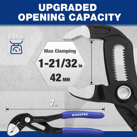 WORKPRO quick-release groove joint close-up demonstrating easy size adjustment.