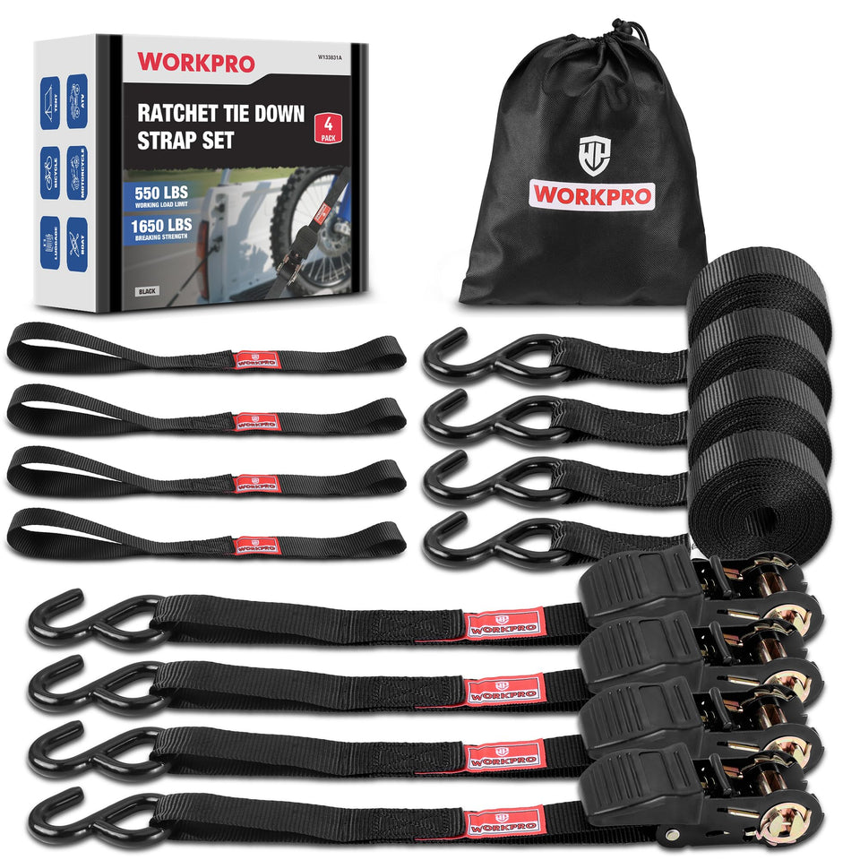 WORKPRO ratchet strap 1x15 black in use for secure cargo transport.