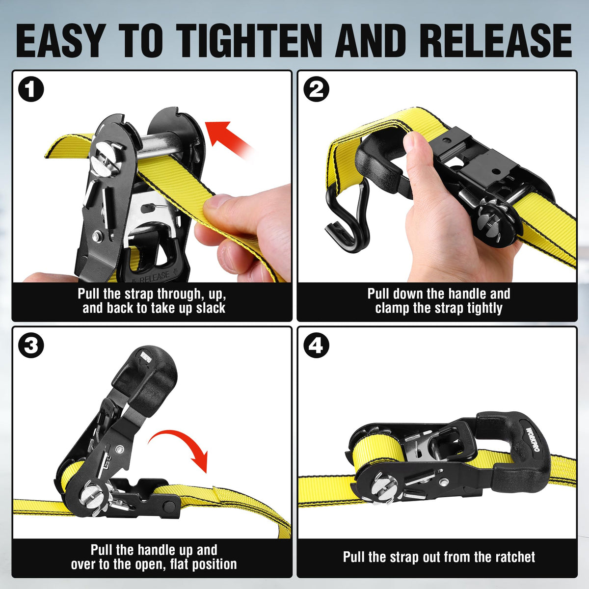 WORKPRO straps in action securing motorcycle or appliance during transport.