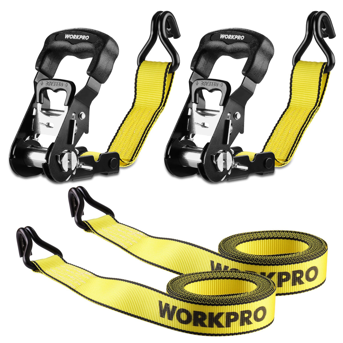 WORKPRO ratchet tie down straps 2-pack packaged for secure transport readiness.