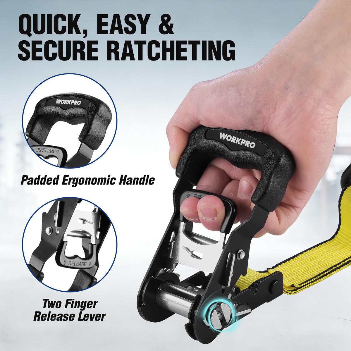 WORKPRO ratchet handle close-up highlighting ergonomic, single-handed tightening.