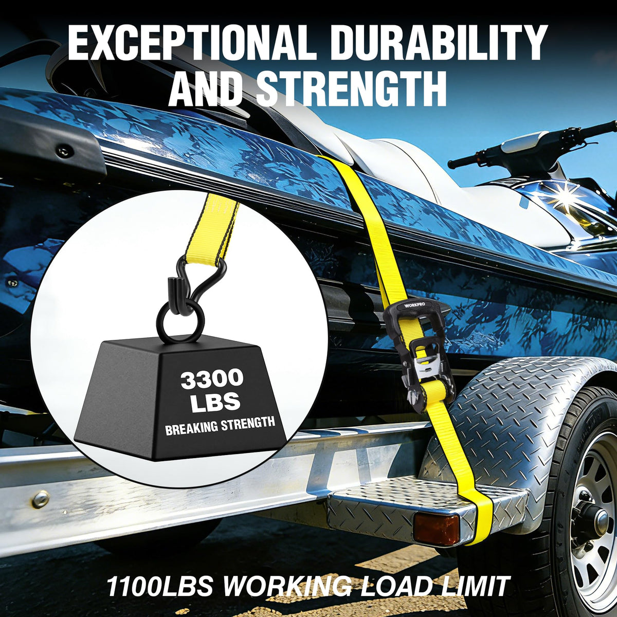 WORKPRO ratchet tie down strap close-up shows heavy-duty webbing and stitching.