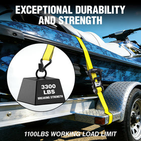 WORKPRO ratchet tie down strap close-up shows heavy-duty webbing and stitching.