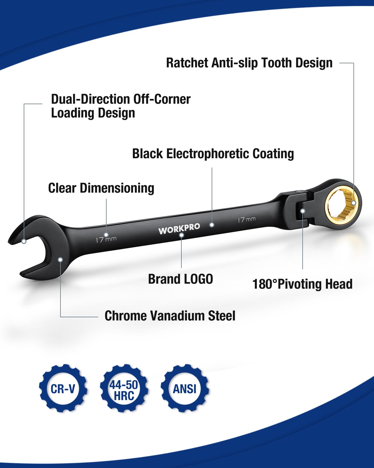 WORKPRO ratcheting wrench 17mm heavy-duty reach for larger bolts