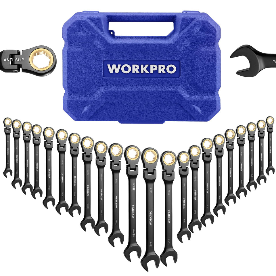 The WORKPRO ratcheting wrench set with 180° pivot head for flexible reach in tight spaces.
