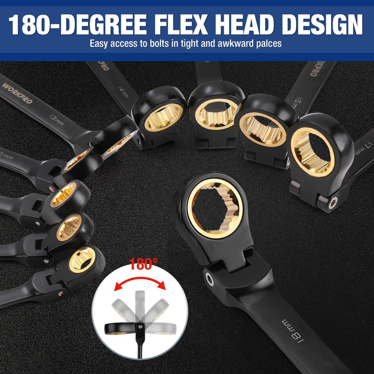 WORKPRO ratcheting wrenches with anti-slip teeth provide secure grip for precise work.