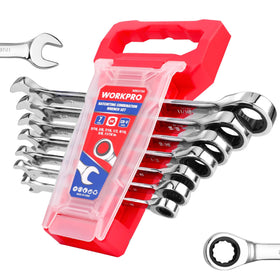 WORKPRO ratcheting wrench set on organizer rack for tidy storage and quick access.
