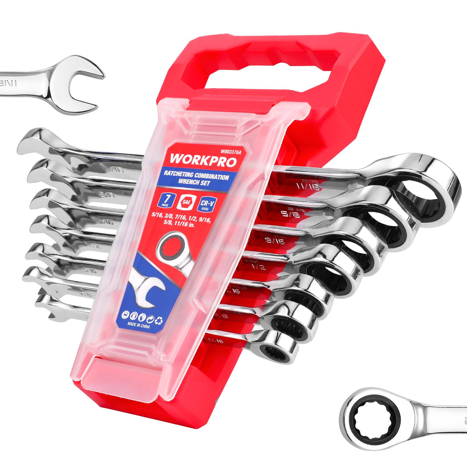 WORKPRO ratcheting wrench set on organizer rack for tidy storage and quick access.
