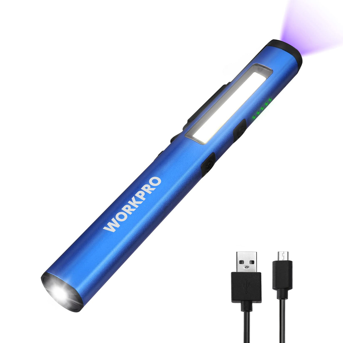 WORKPRO rechargeable flashlight front view with magnetic clip for hands-free use