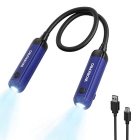 WORKPRO neck light with dual heads for precise hands-free lighting during repairs and crafts.