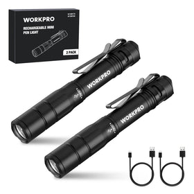 WORKPRO Rechargeable Pen Light Duo Pack in front view showing ultra-compact pocket size