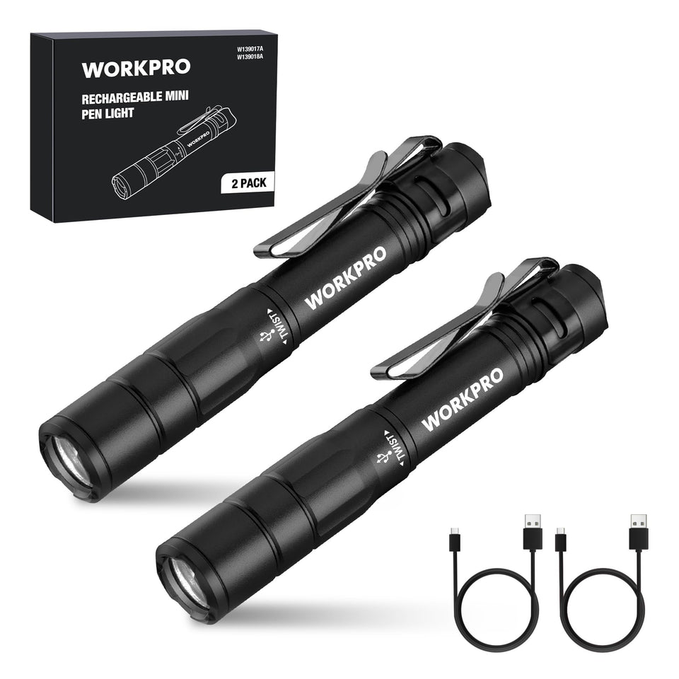 WORKPRO Rechargeable Pen Light Duo Pack in front view showing ultra-compact pocket size