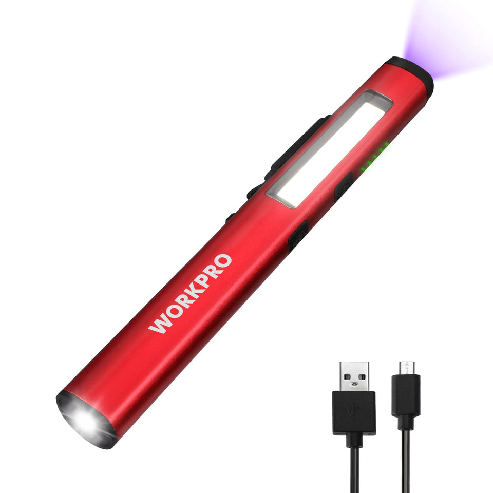 WORKPRO Rechargeable Pen Light front view with 450-lumen flood and 120-lumen spot.