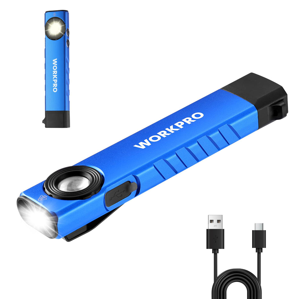 WORKPRO rechargeable work light front view, slim pocket-size design for easy carry.