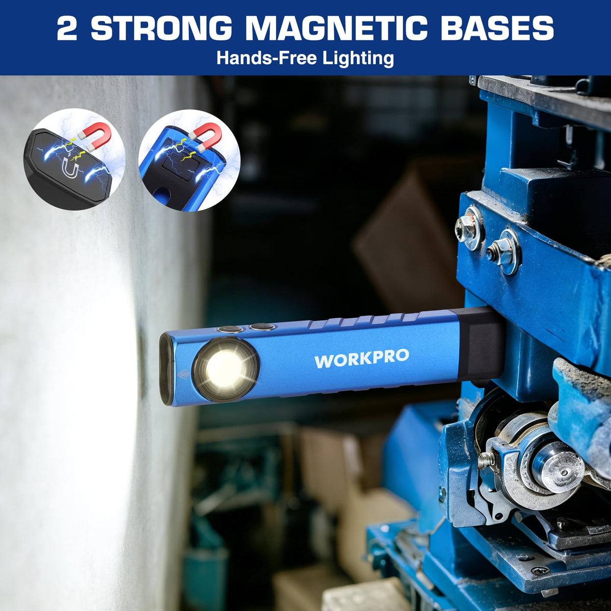 WORKPRO magnetic base attached to metal surface for hands-free work.